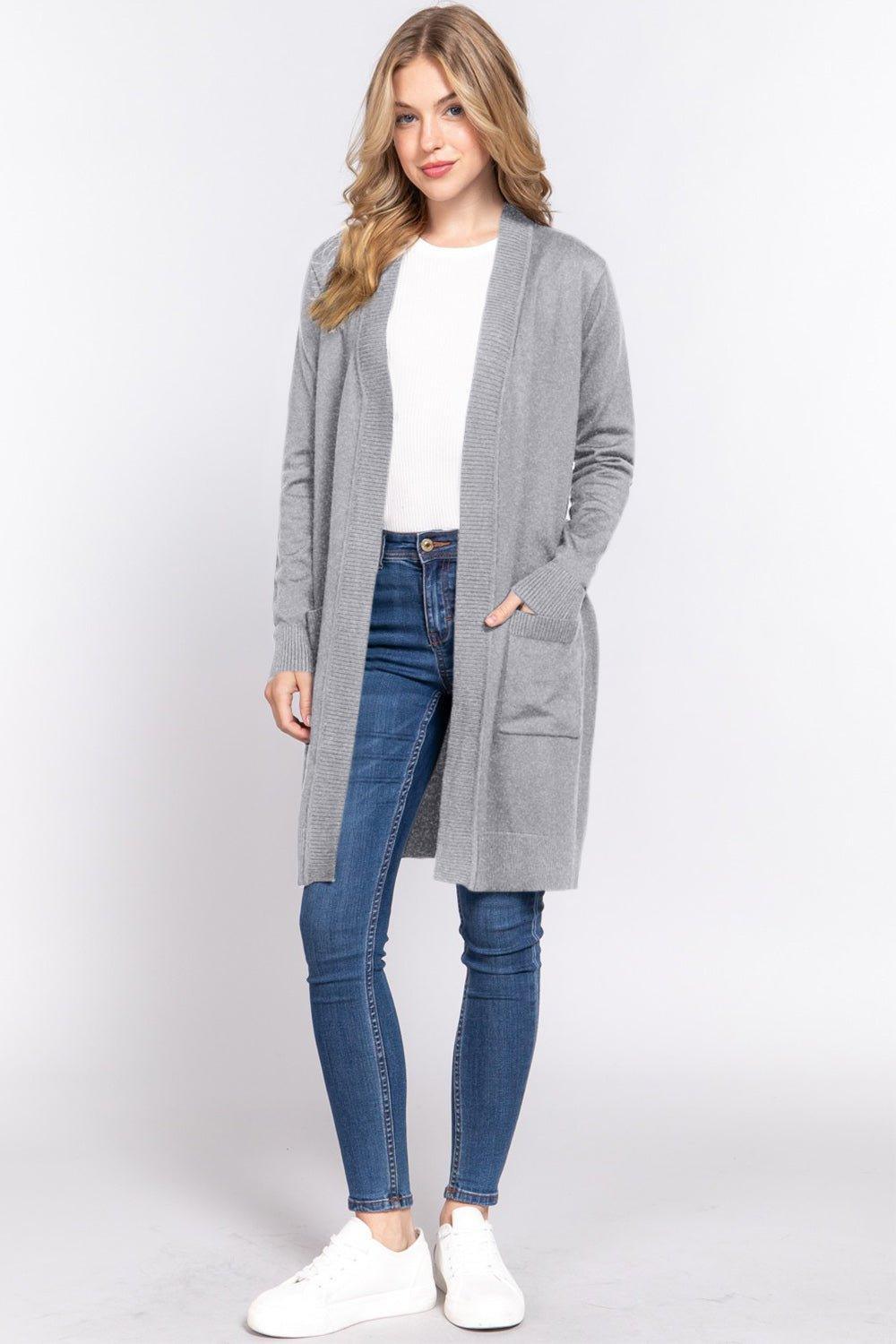 ACTIVE BASIC Open Front Rib Trim Long Sleeve Knit Cardigan - Admiresty