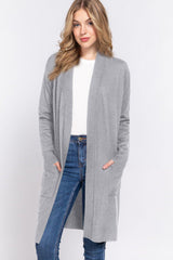 ACTIVE BASIC Open Front Rib Trim Long Sleeve Knit Cardigan - Admiresty
