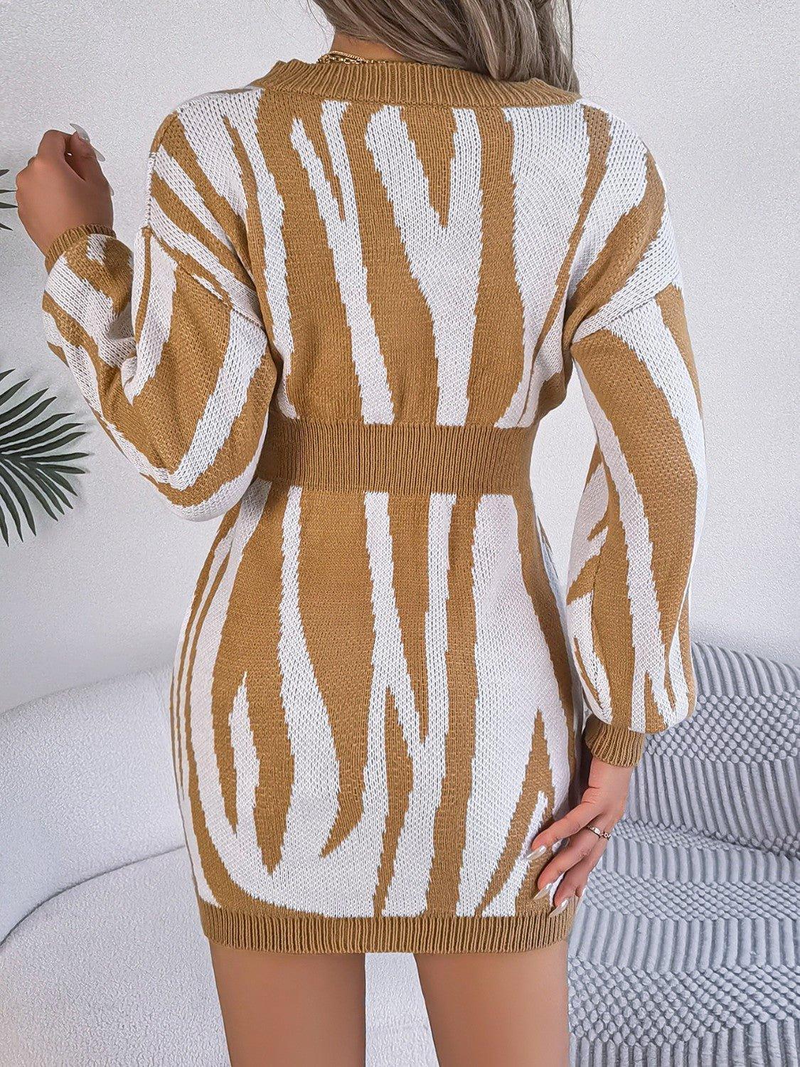 Animal Print V - Neck Long Sleeve Sweater Dress - Admiresty