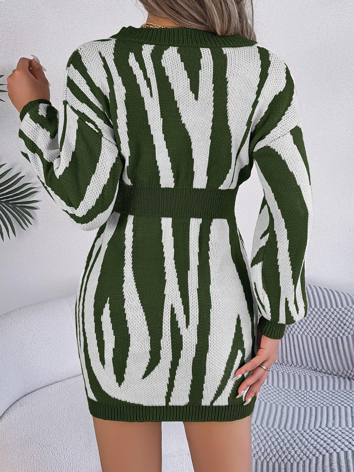 Animal Print V - Neck Long Sleeve Sweater Dress - Admiresty