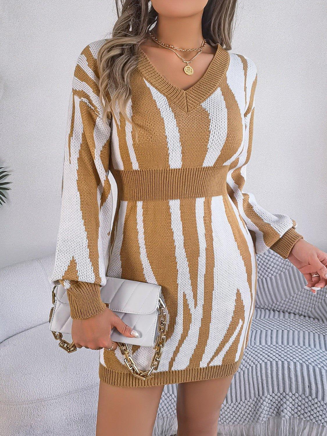 Animal Print V - Neck Long Sleeve Sweater Dress - Admiresty