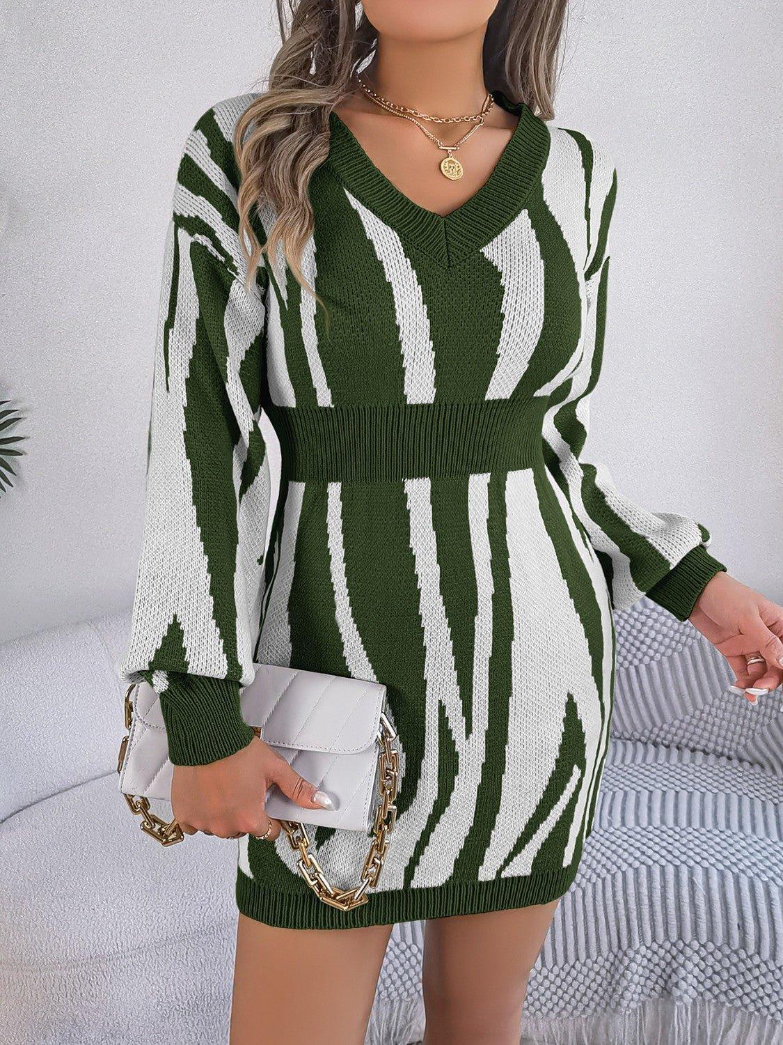 Animal Print V - Neck Long Sleeve Sweater Dress - Admiresty