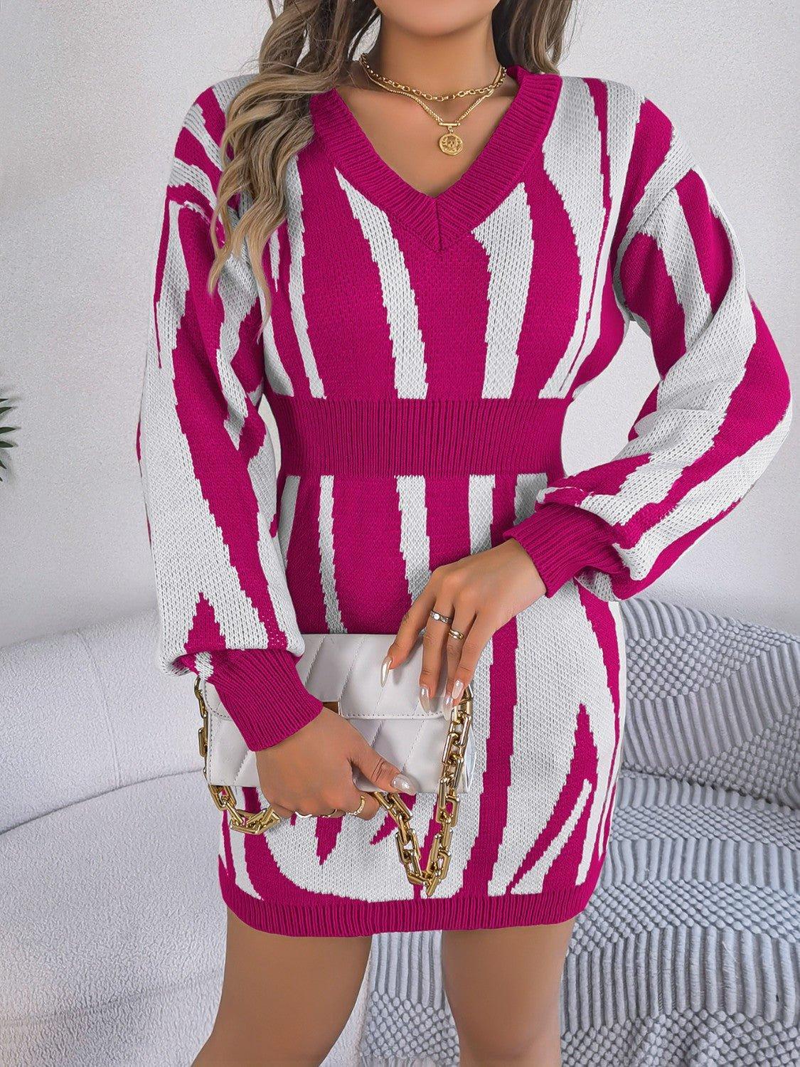 Animal Print V - Neck Long Sleeve Sweater Dress - Admiresty