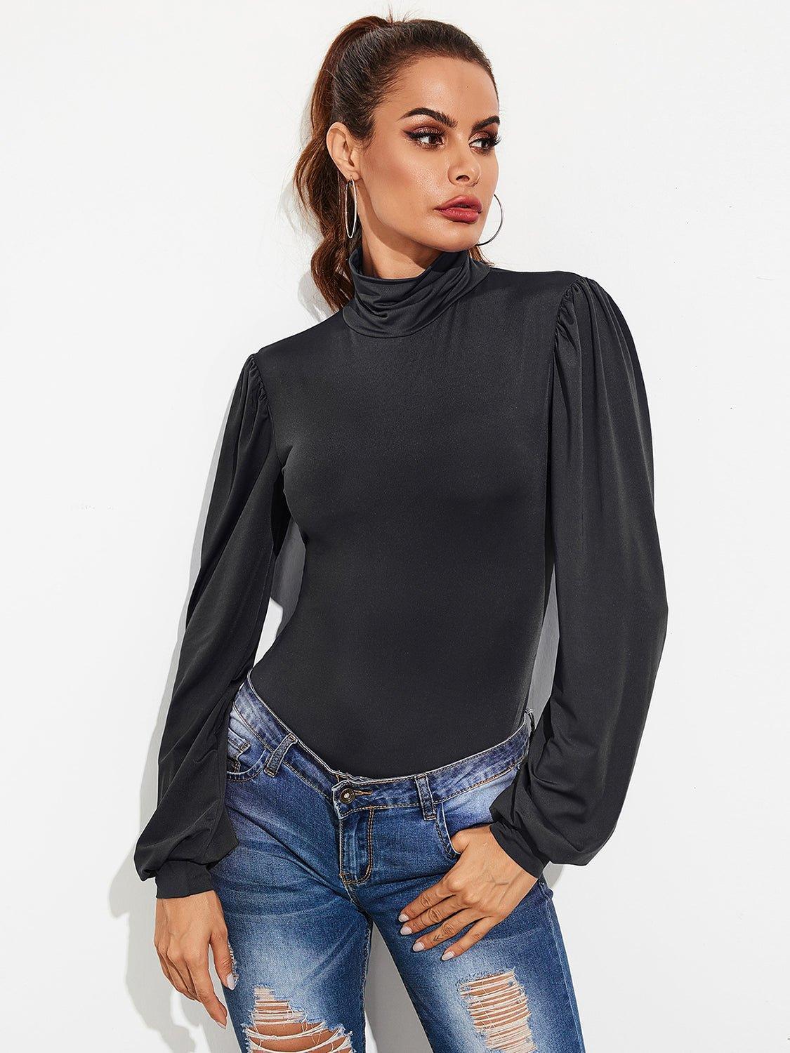 Backless Tie - Waist Turtleneck Lantern Sleeve Bodysuit - Admiresty