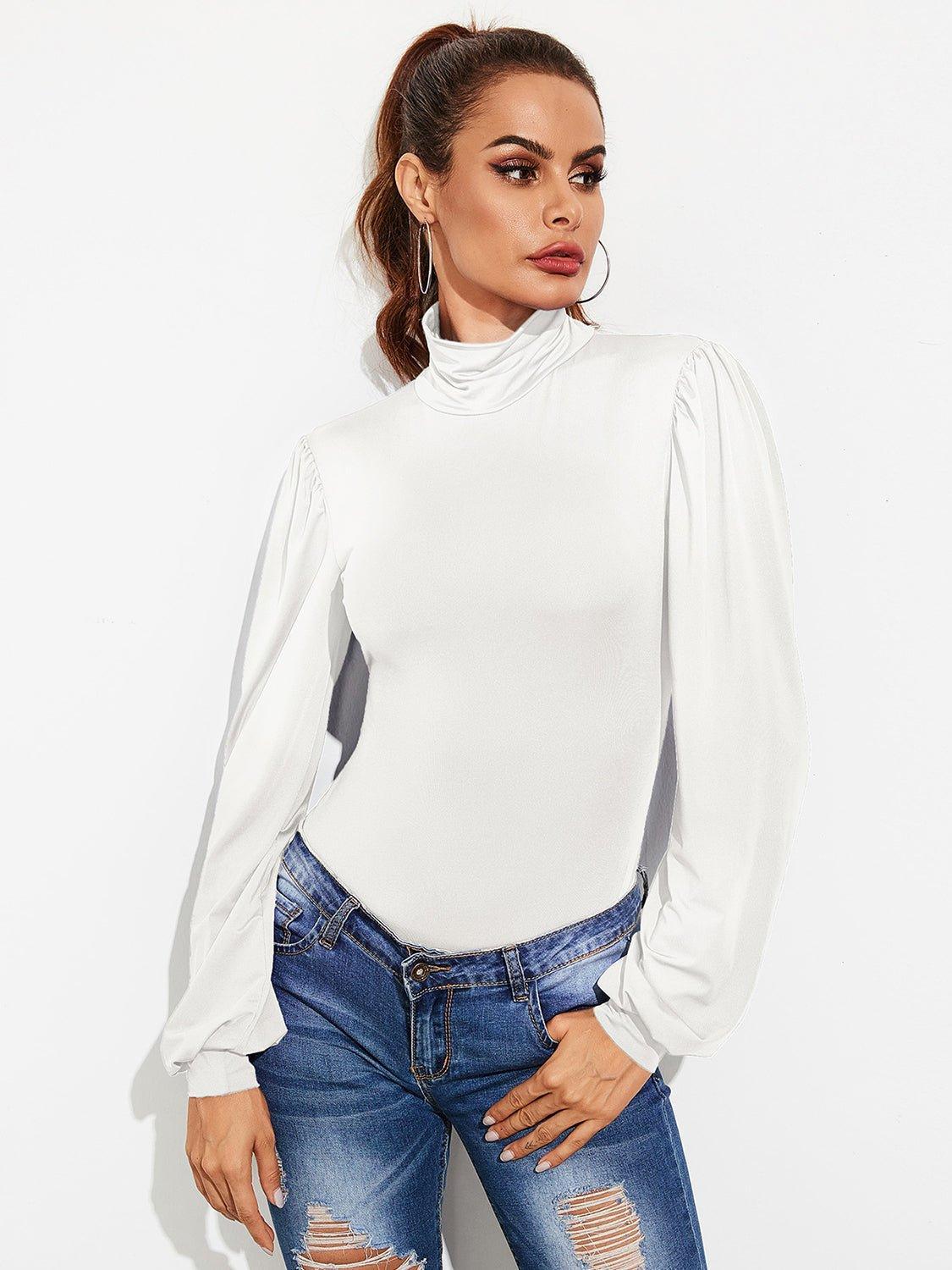 Backless Tie - Waist Turtleneck Lantern Sleeve Bodysuit - Admiresty