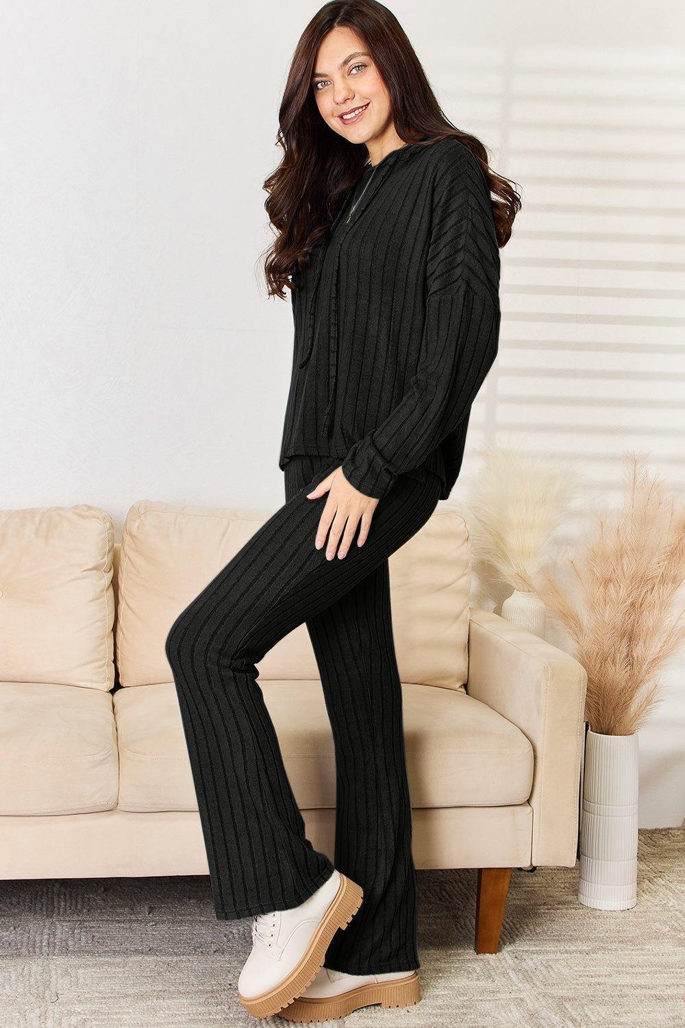 Basic Bae Full Size Ribbed Drawstring Hooded Top and Straight Pants Set - Admiresty