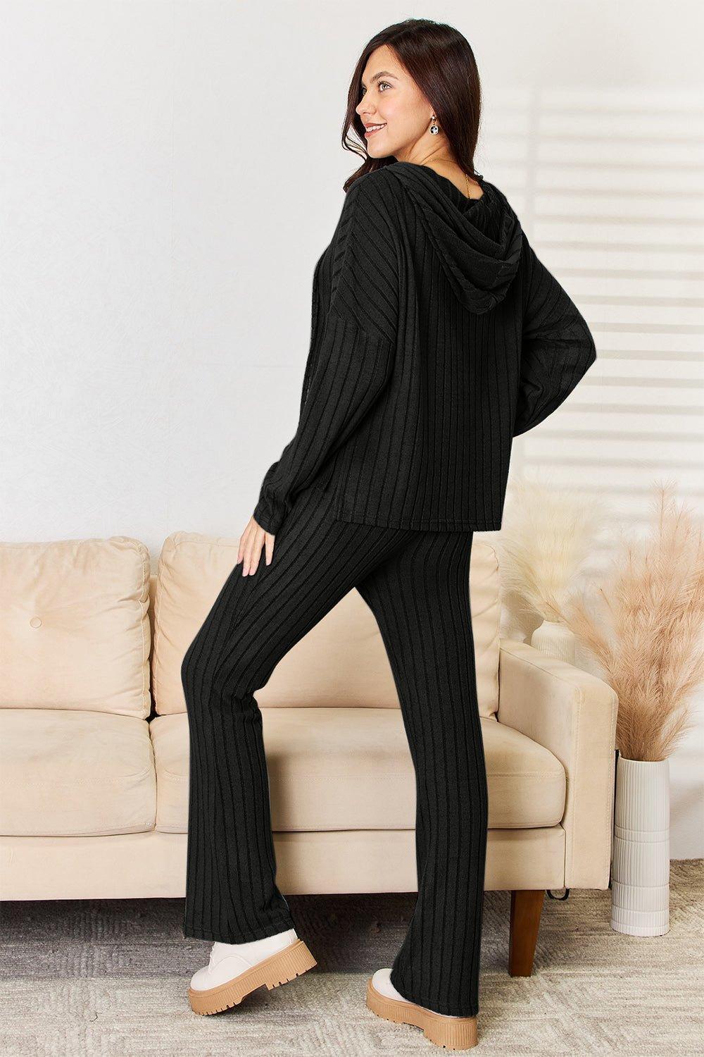 Basic Bae Full Size Ribbed Drawstring Hooded Top and Straight Pants Set - Admiresty