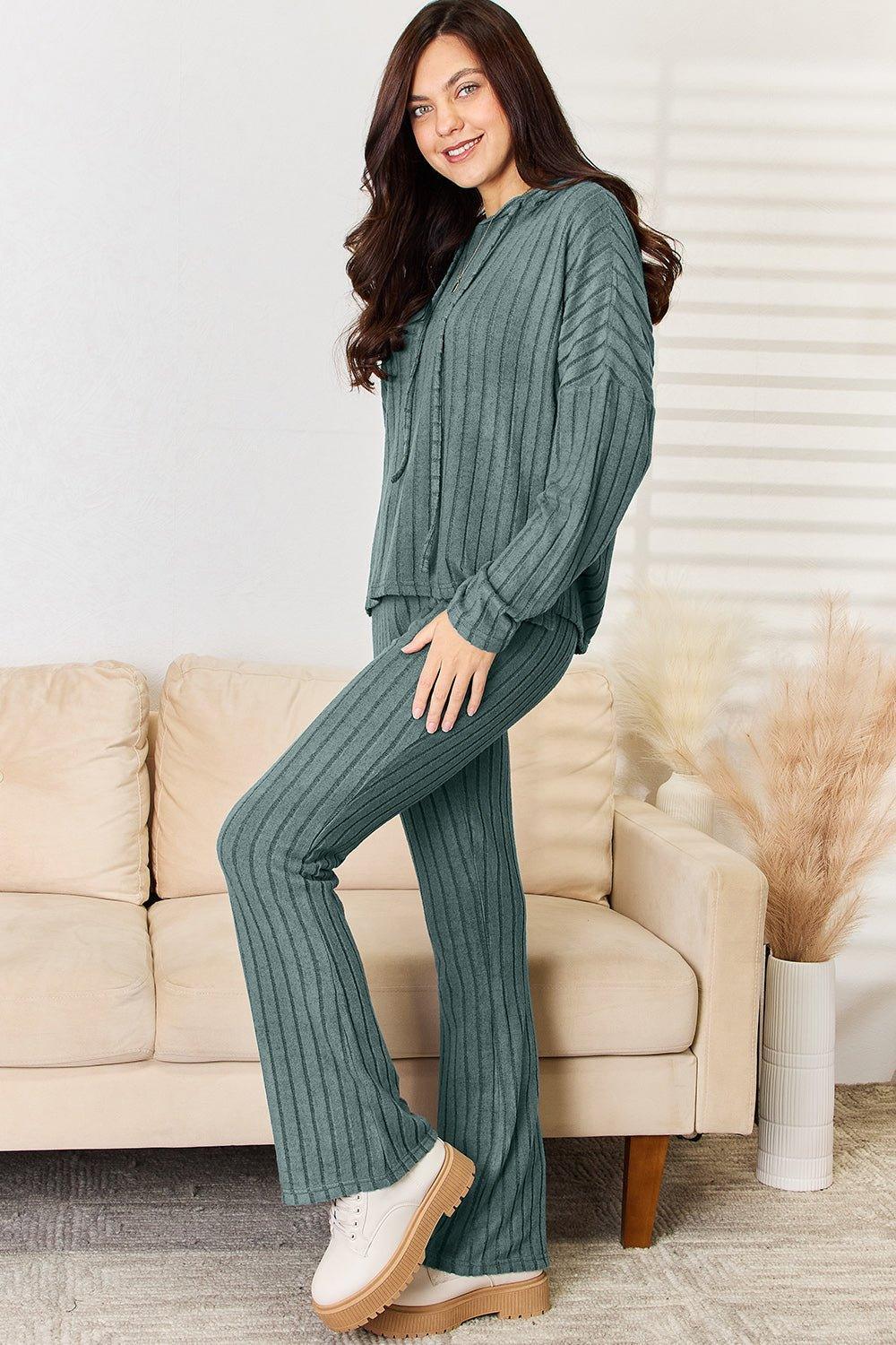 Basic Bae Full Size Ribbed Drawstring Hooded Top and Straight Pants Set - Admiresty