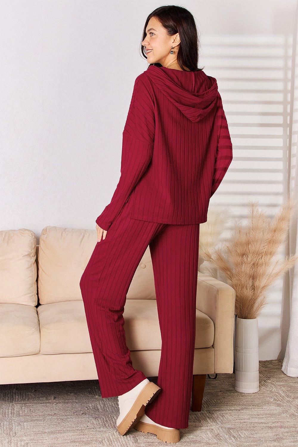 Basic Bae Full Size Ribbed Drawstring Hooded Top and Straight Pants Set - Admiresty