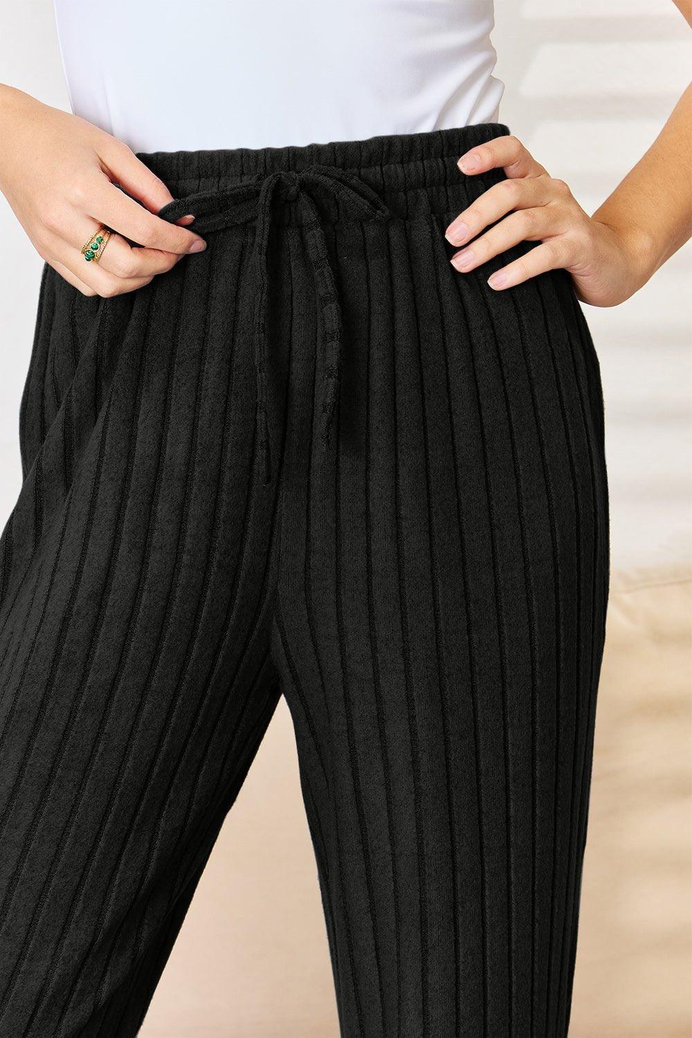 Basic Bae Full Size Ribbed Drawstring Hooded Top and Straight Pants Set - Admiresty