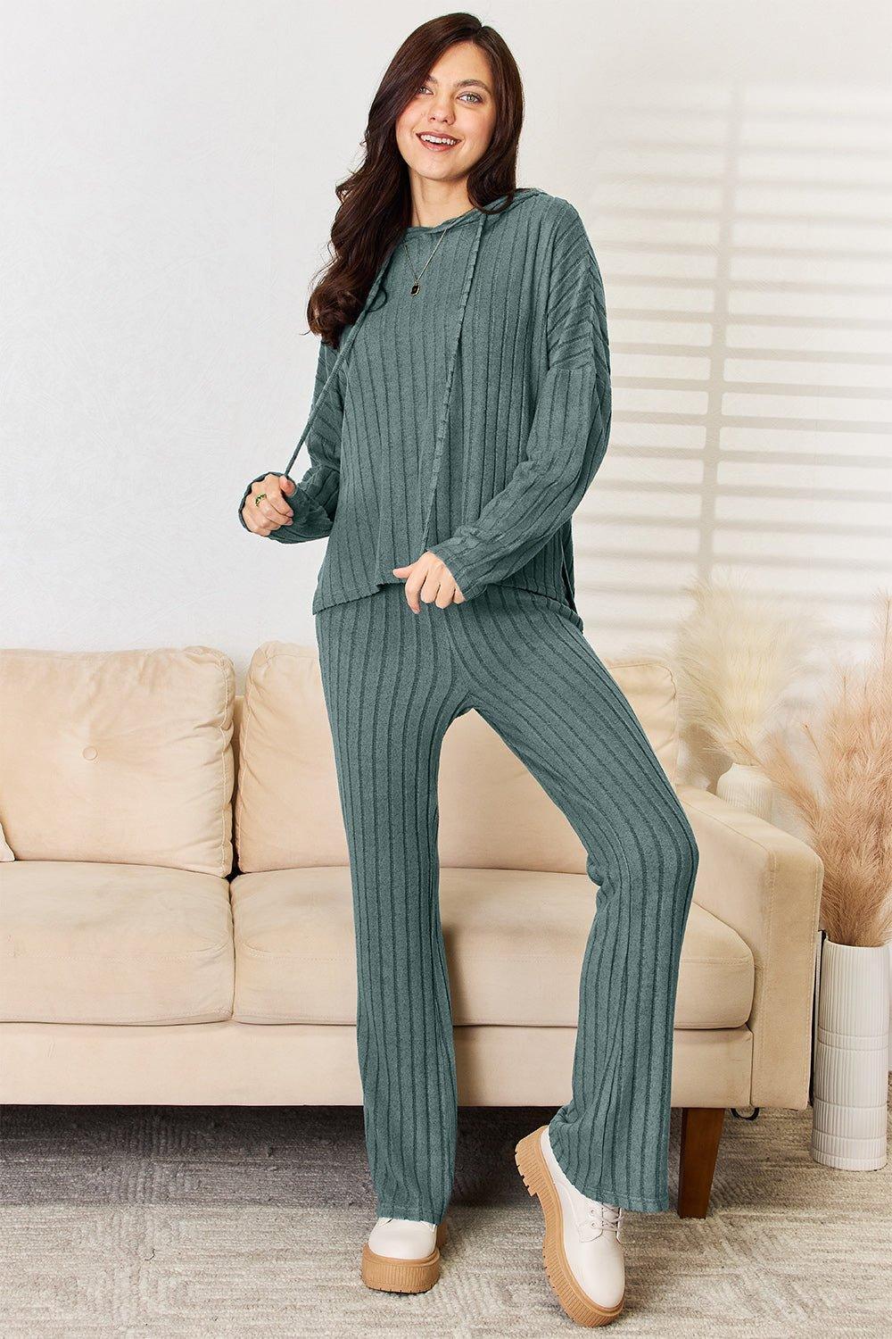 Basic Bae Full Size Ribbed Drawstring Hooded Top and Straight Pants Set - Admiresty