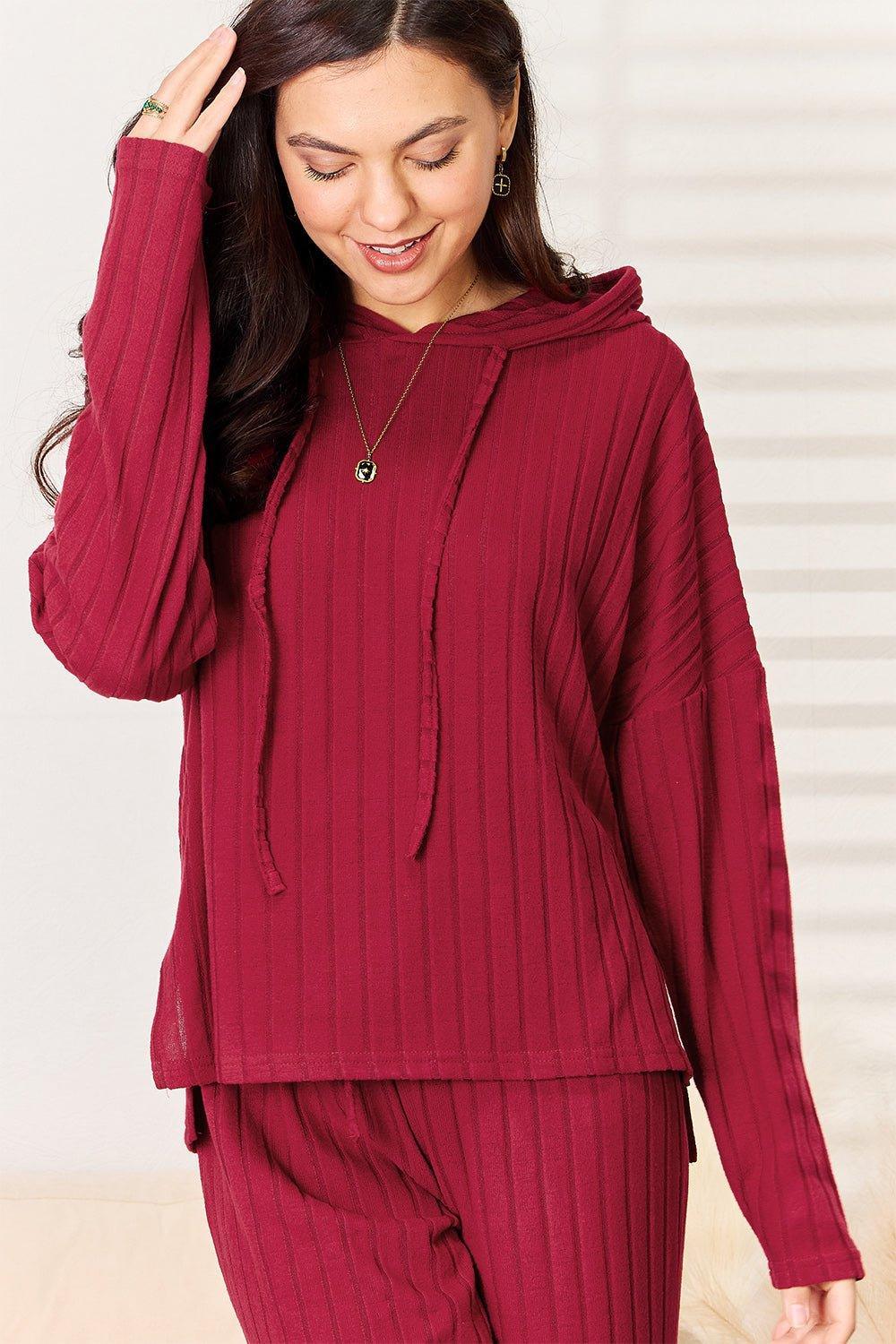 Basic Bae Full Size Ribbed Drawstring Hooded Top and Straight Pants Set - Admiresty