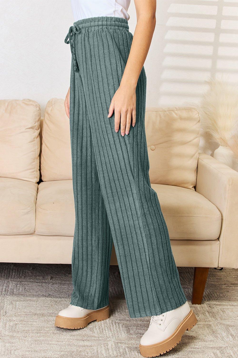 Basic Bae Full Size Ribbed Drawstring Hooded Top and Straight Pants Set - Admiresty