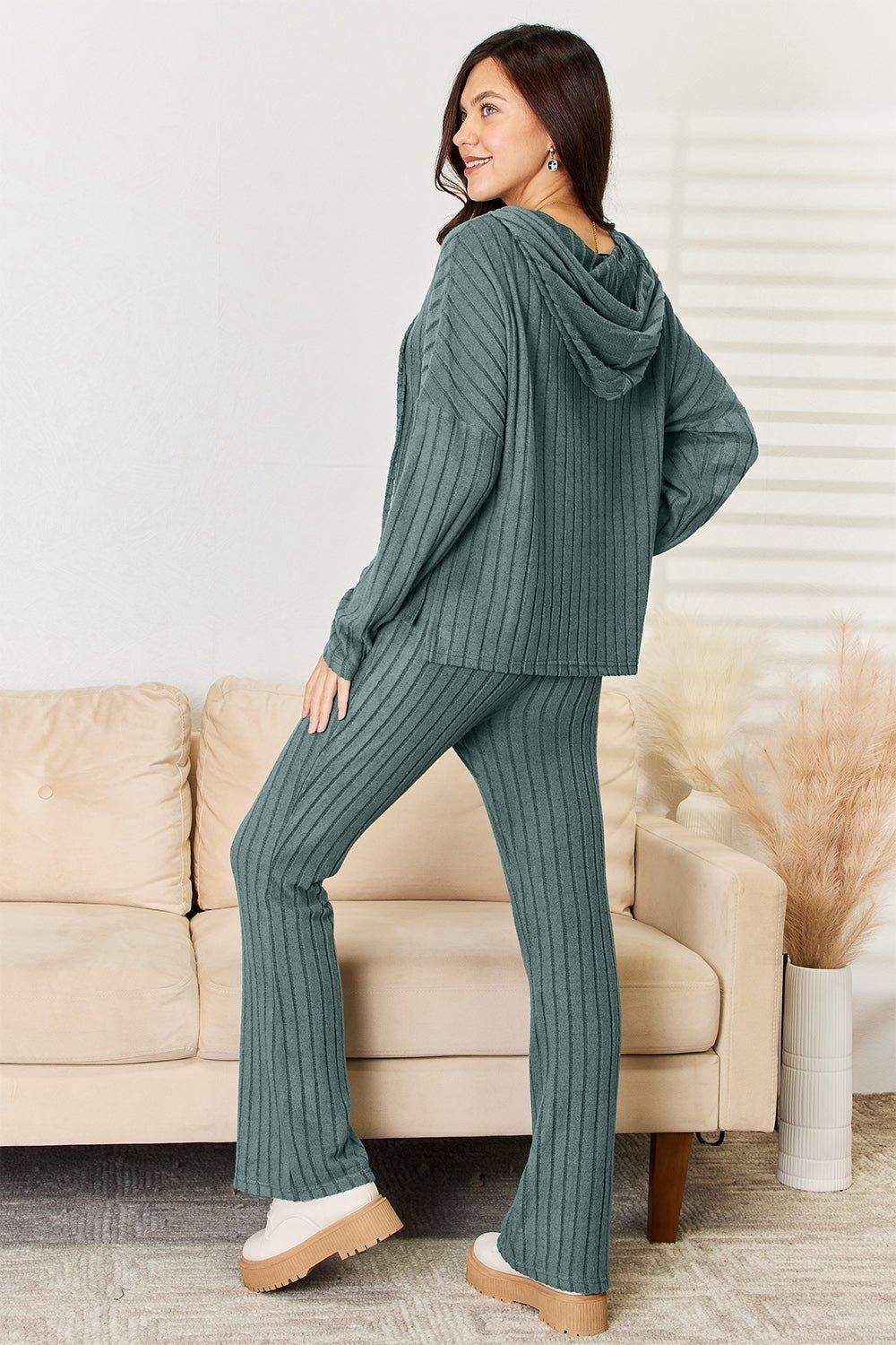 Basic Bae Full Size Ribbed Drawstring Hooded Top and Straight Pants Set - Admiresty
