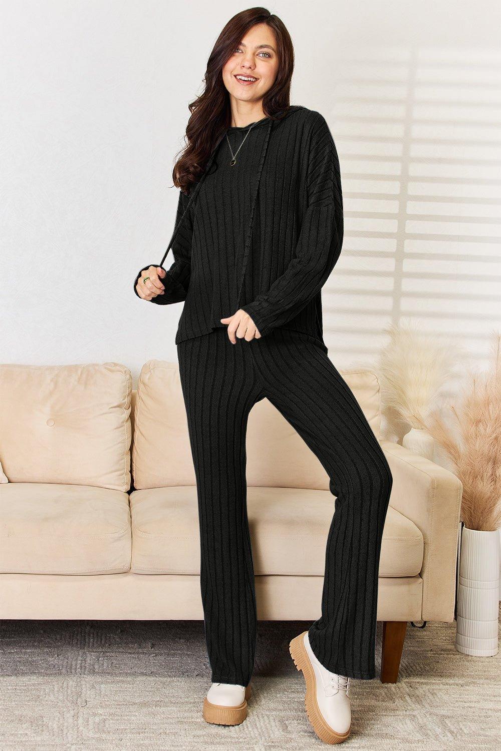 Basic Bae Full Size Ribbed Drawstring Hooded Top and Straight Pants Set - Admiresty