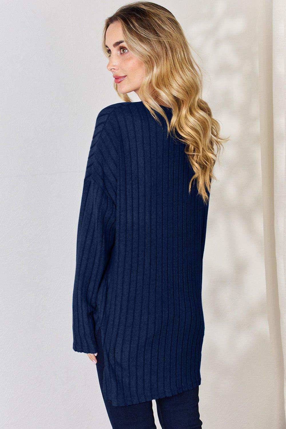 Basic Bae Full Size Ribbed Half Button Long Sleeve High - Low T - Shirt - Admiresty