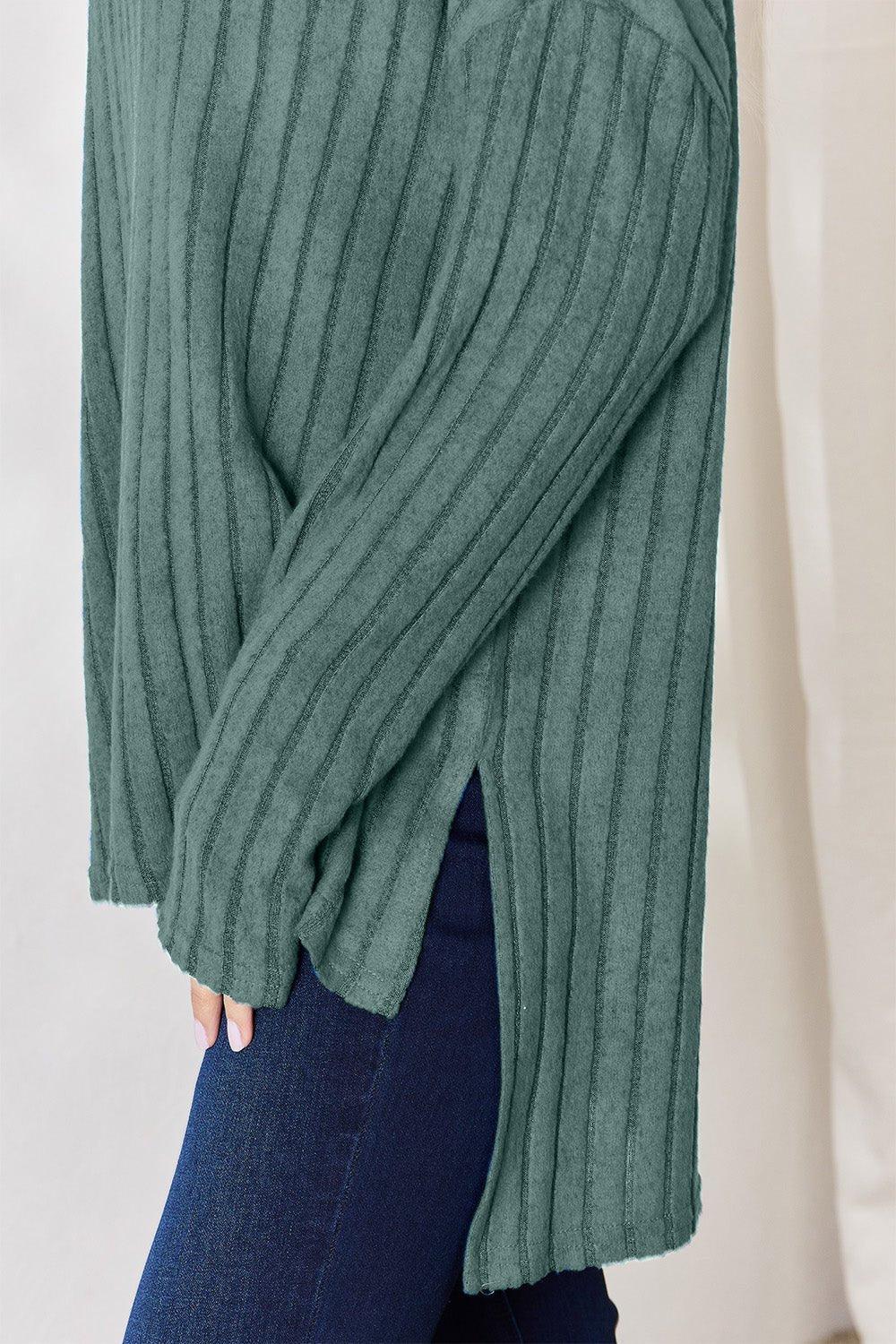 Basic Bae Full Size Ribbed Half Button Long Sleeve High - Low T - Shirt - Admiresty
