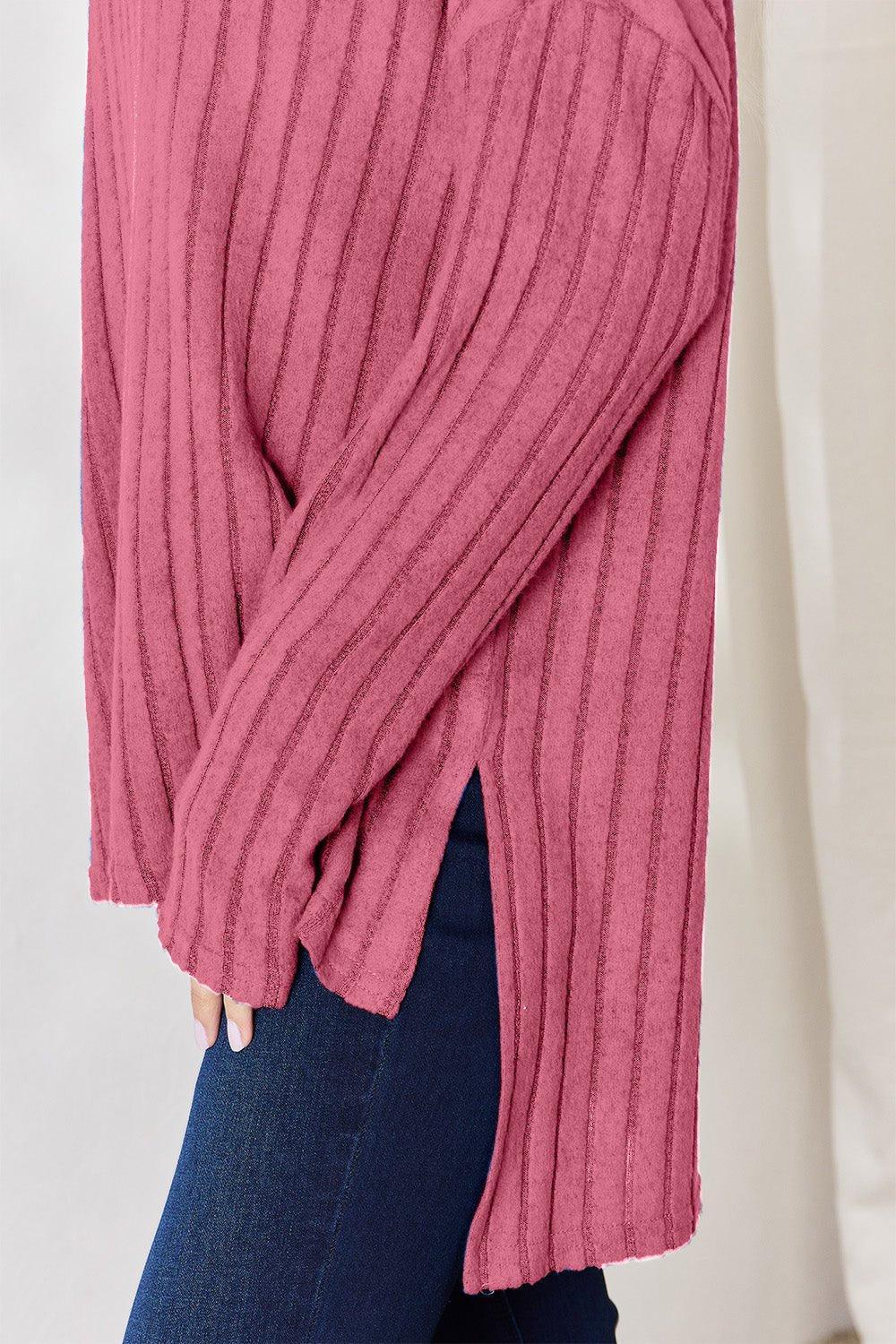 Basic Bae Full Size Ribbed Half Button Long Sleeve High - Low T - Shirt - Admiresty
