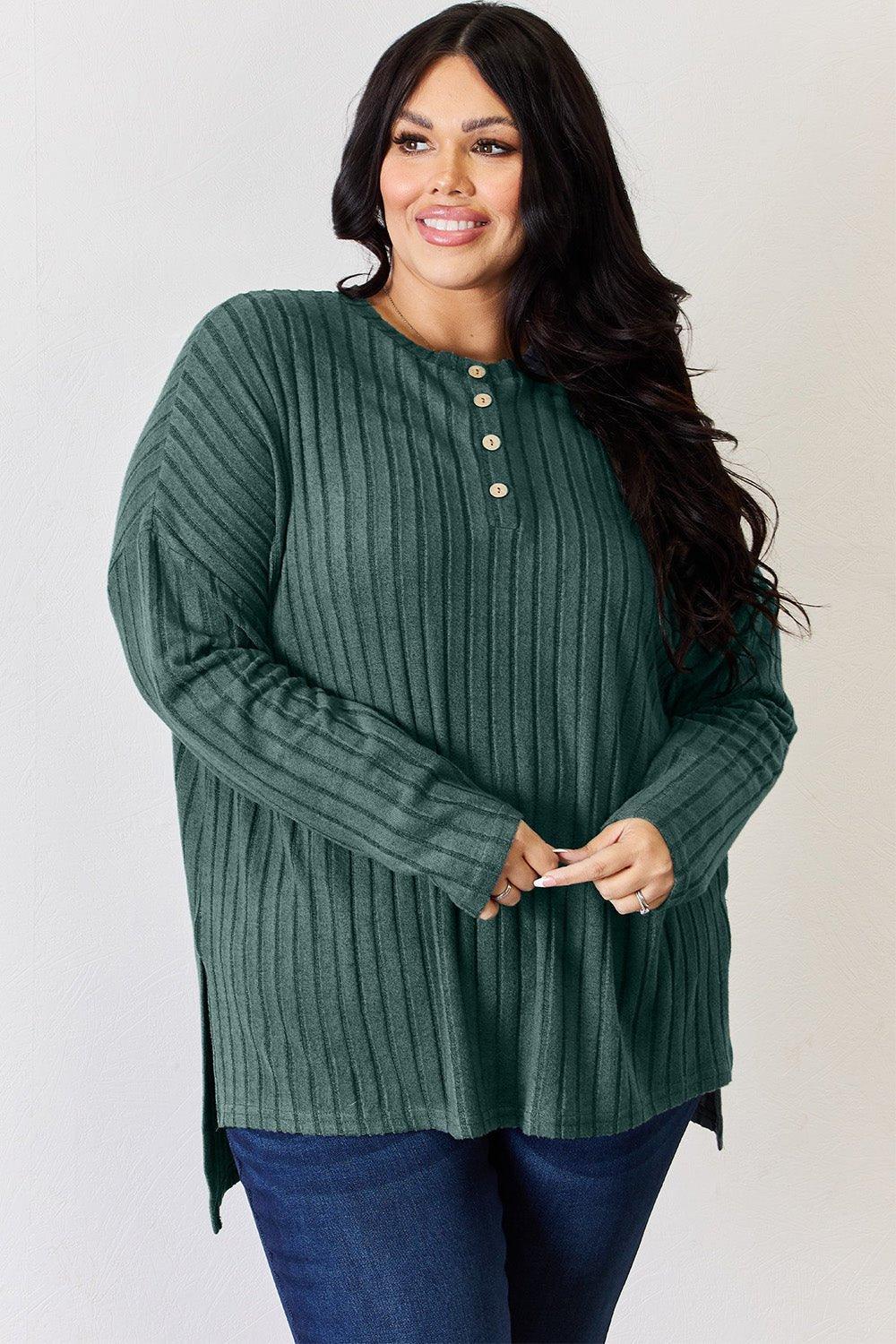 Basic Bae Full Size Ribbed Half Button Long Sleeve High - Low T - Shirt - Admiresty