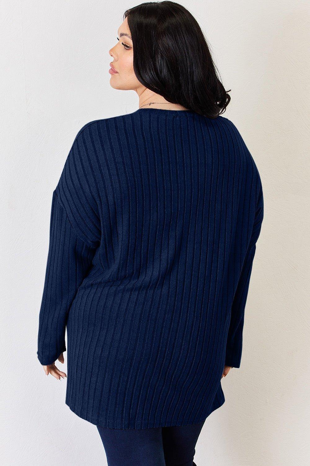 Basic Bae Full Size Ribbed Half Button Long Sleeve High - Low T - Shirt - Admiresty