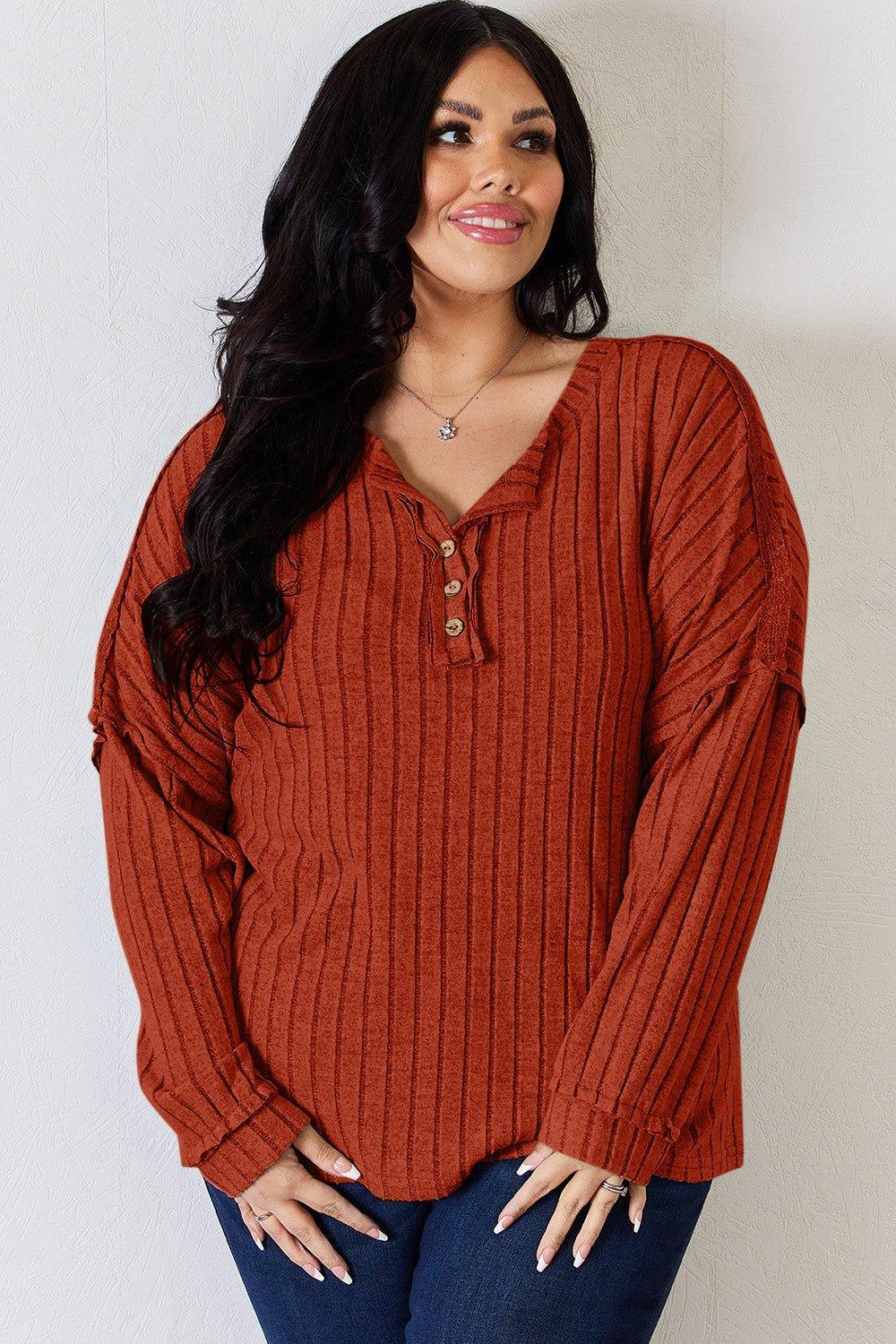 Basic Bae Full Size Ribbed Half Button Long Sleeve T - Shirt - Admiresty
