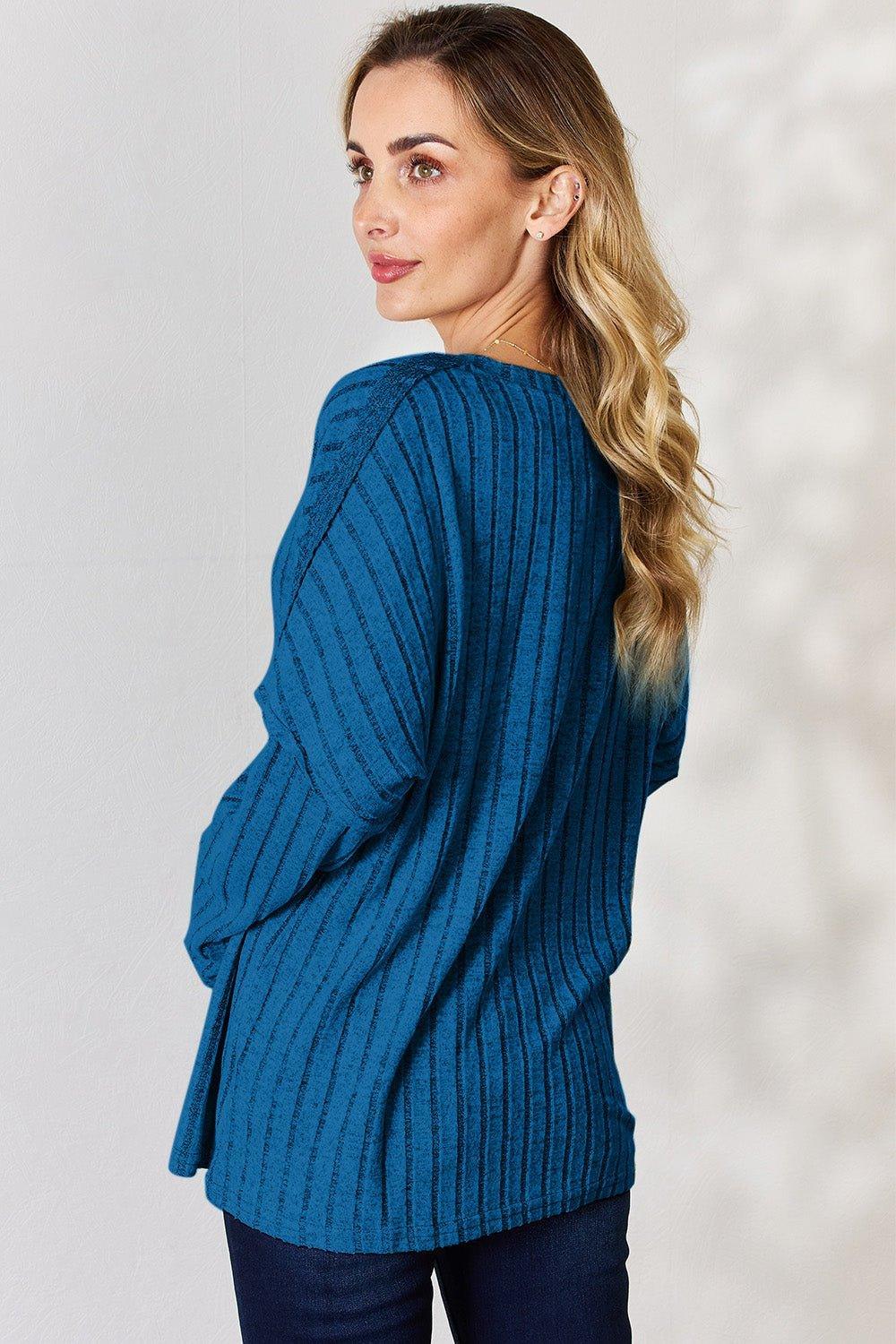 Basic Bae Full Size Ribbed Half Button Long Sleeve T - Shirt - Admiresty