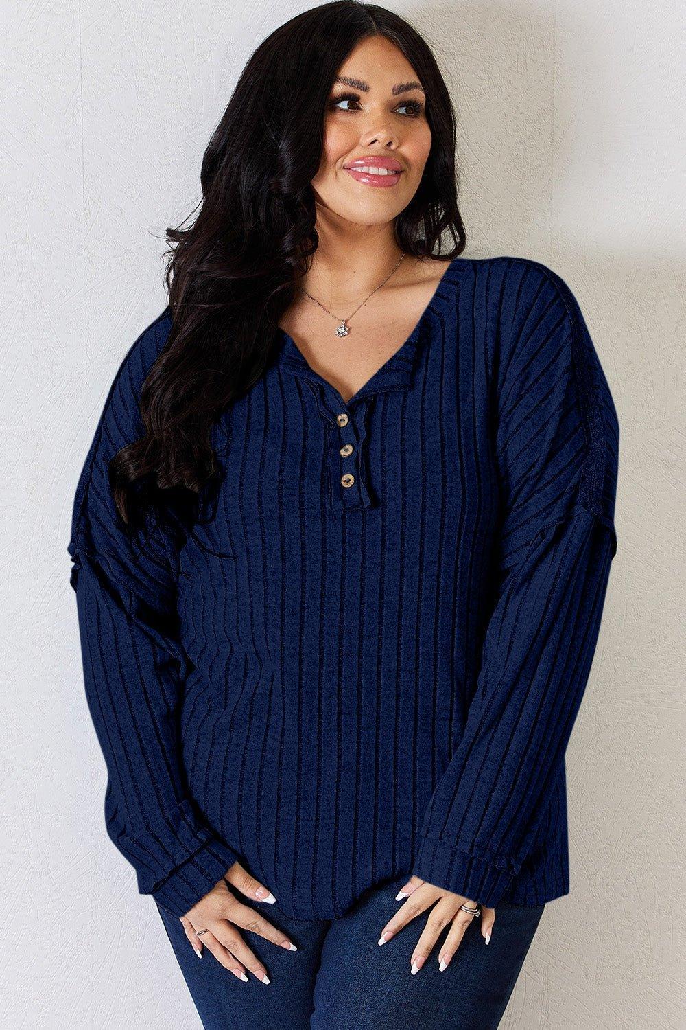 Basic Bae Full Size Ribbed Half Button Long Sleeve T - Shirt - Admiresty