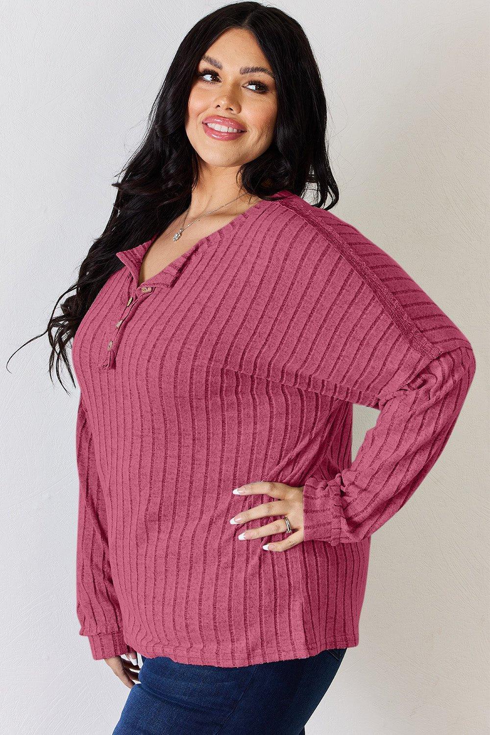 Basic Bae Full Size Ribbed Half Button Long Sleeve T - Shirt - Admiresty