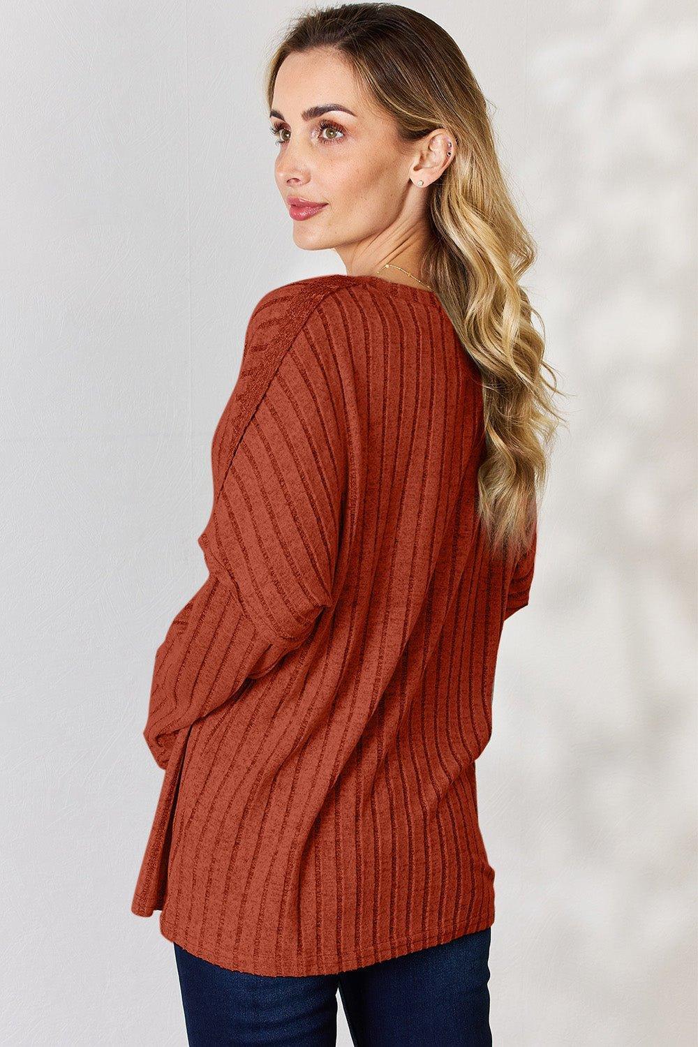 Basic Bae Full Size Ribbed Half Button Long Sleeve T - Shirt - Admiresty