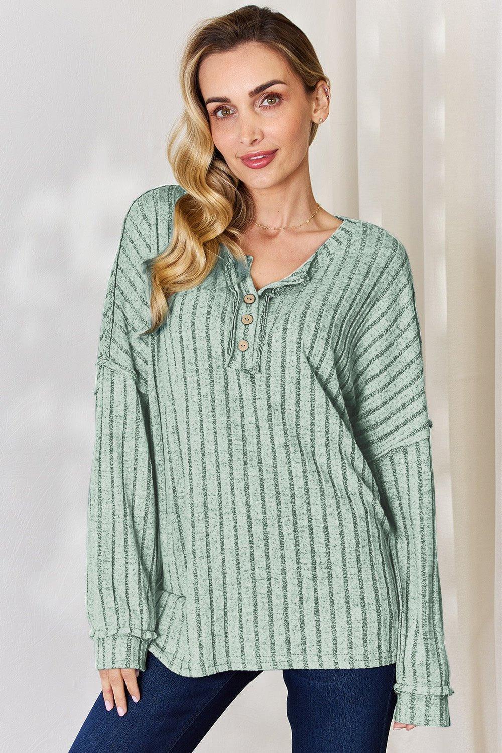 Basic Bae Full Size Ribbed Half Button Long Sleeve T - Shirt - Admiresty