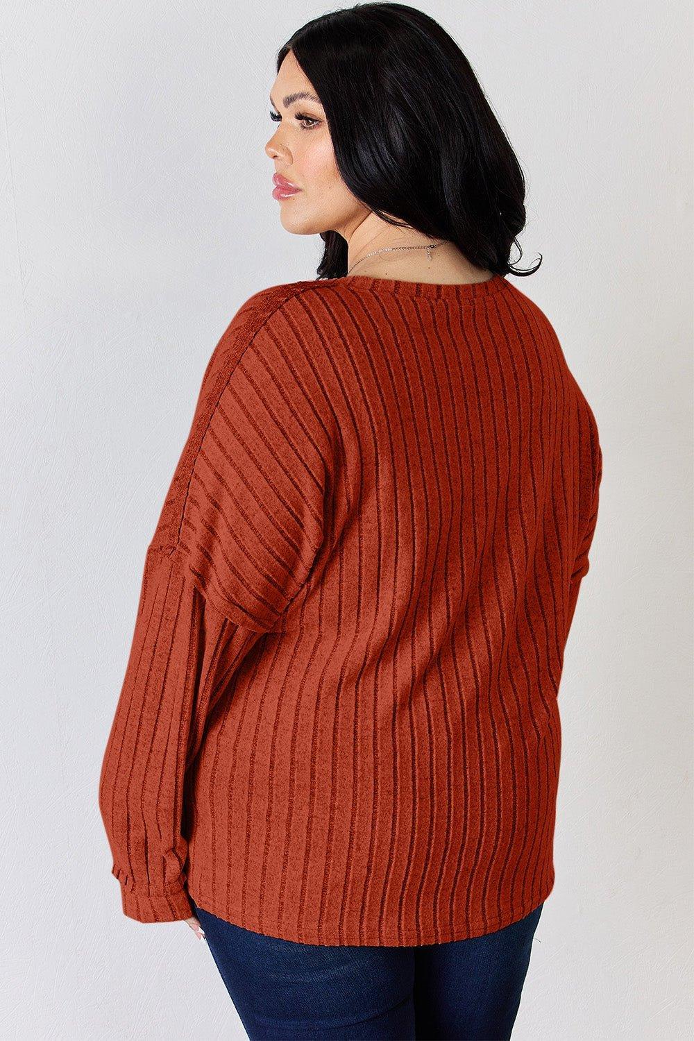 Basic Bae Full Size Ribbed Half Button Long Sleeve T - Shirt - Admiresty