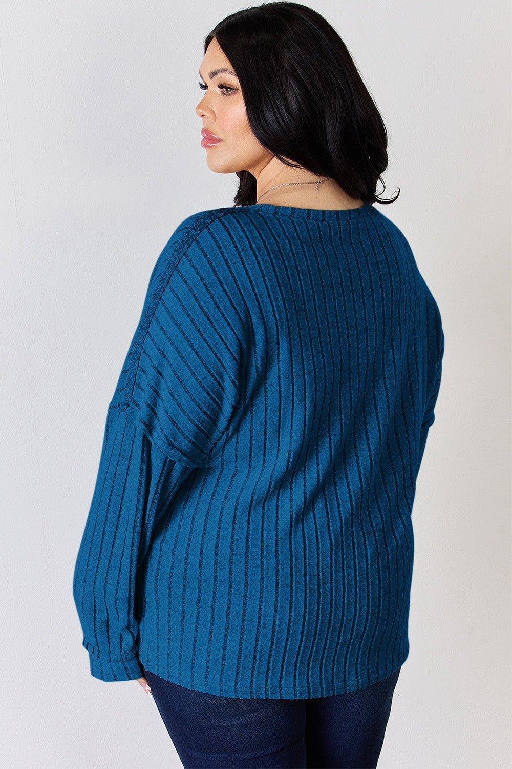 Basic Bae Full Size Ribbed Half Button Long Sleeve T - Shirt - Admiresty
