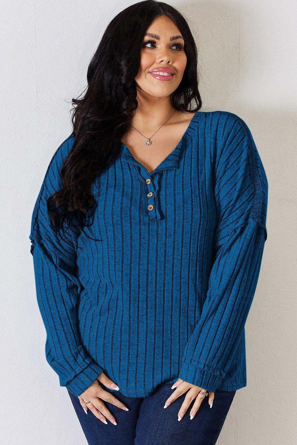 Basic Bae Full Size Ribbed Half Button Long Sleeve T - Shirt - Admiresty