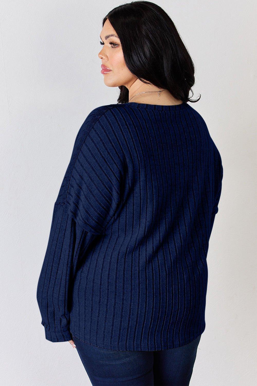 Basic Bae Full Size Ribbed Half Button Long Sleeve T - Shirt - Admiresty