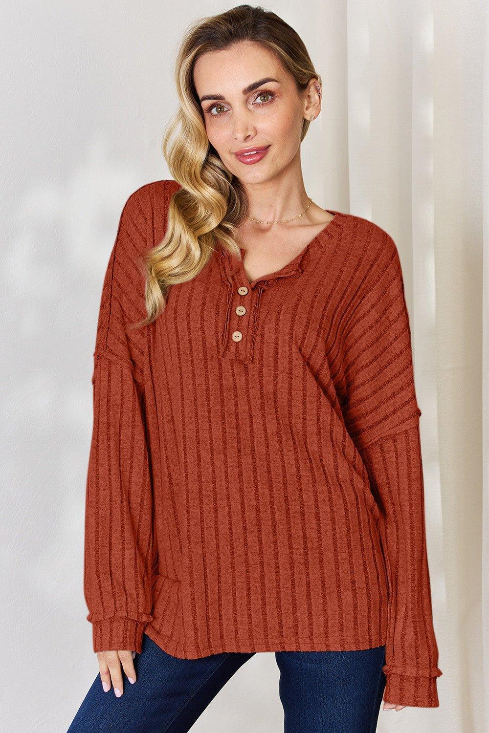 Basic Bae Full Size Ribbed Half Button Long Sleeve T - Shirt - Admiresty