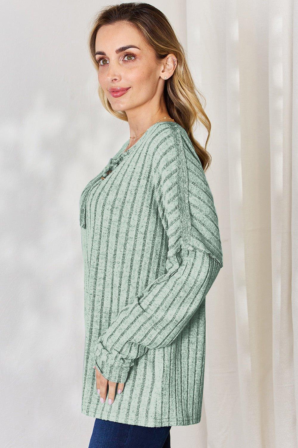 Basic Bae Full Size Ribbed Half Button Long Sleeve T - Shirt - Admiresty