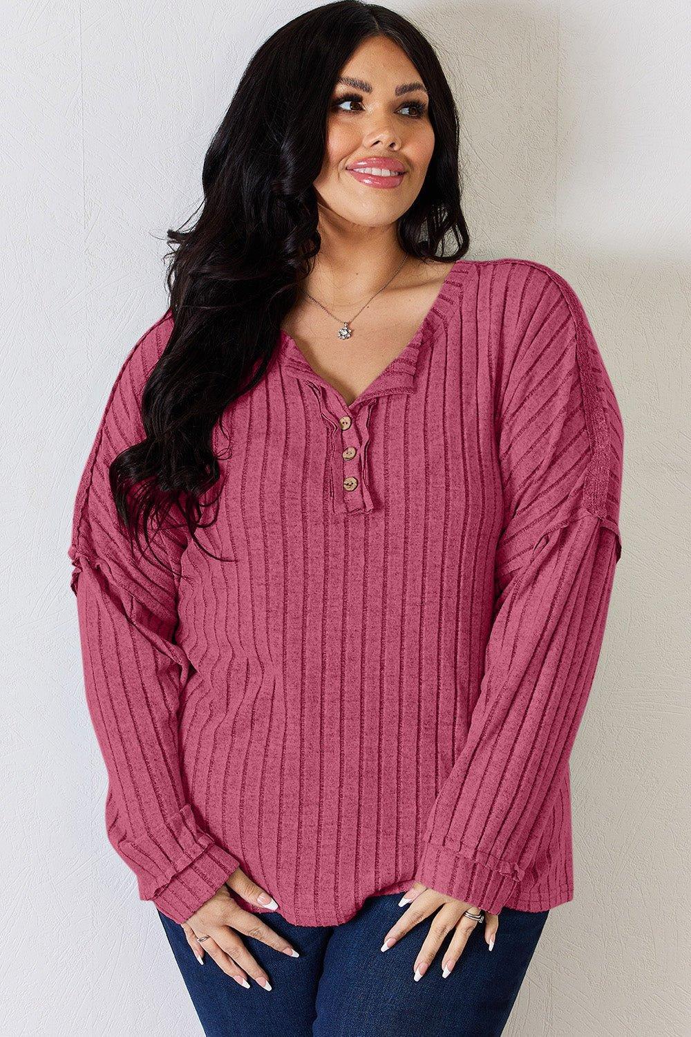 Basic Bae Full Size Ribbed Half Button Long Sleeve T - Shirt - Admiresty