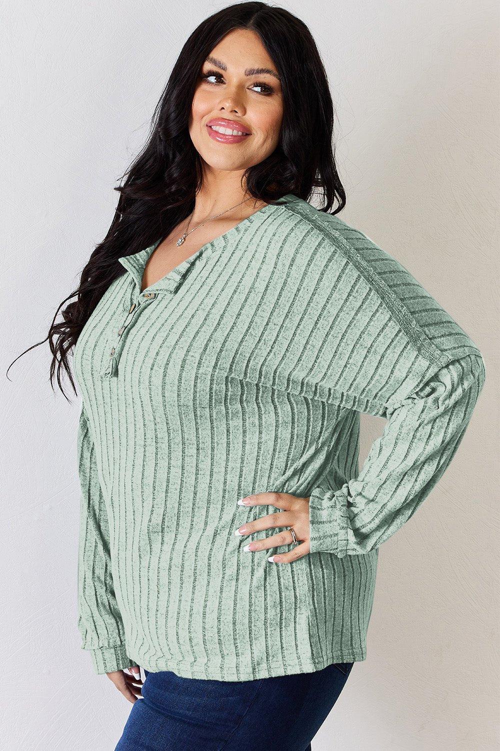Basic Bae Full Size Ribbed Half Button Long Sleeve T - Shirt - Admiresty