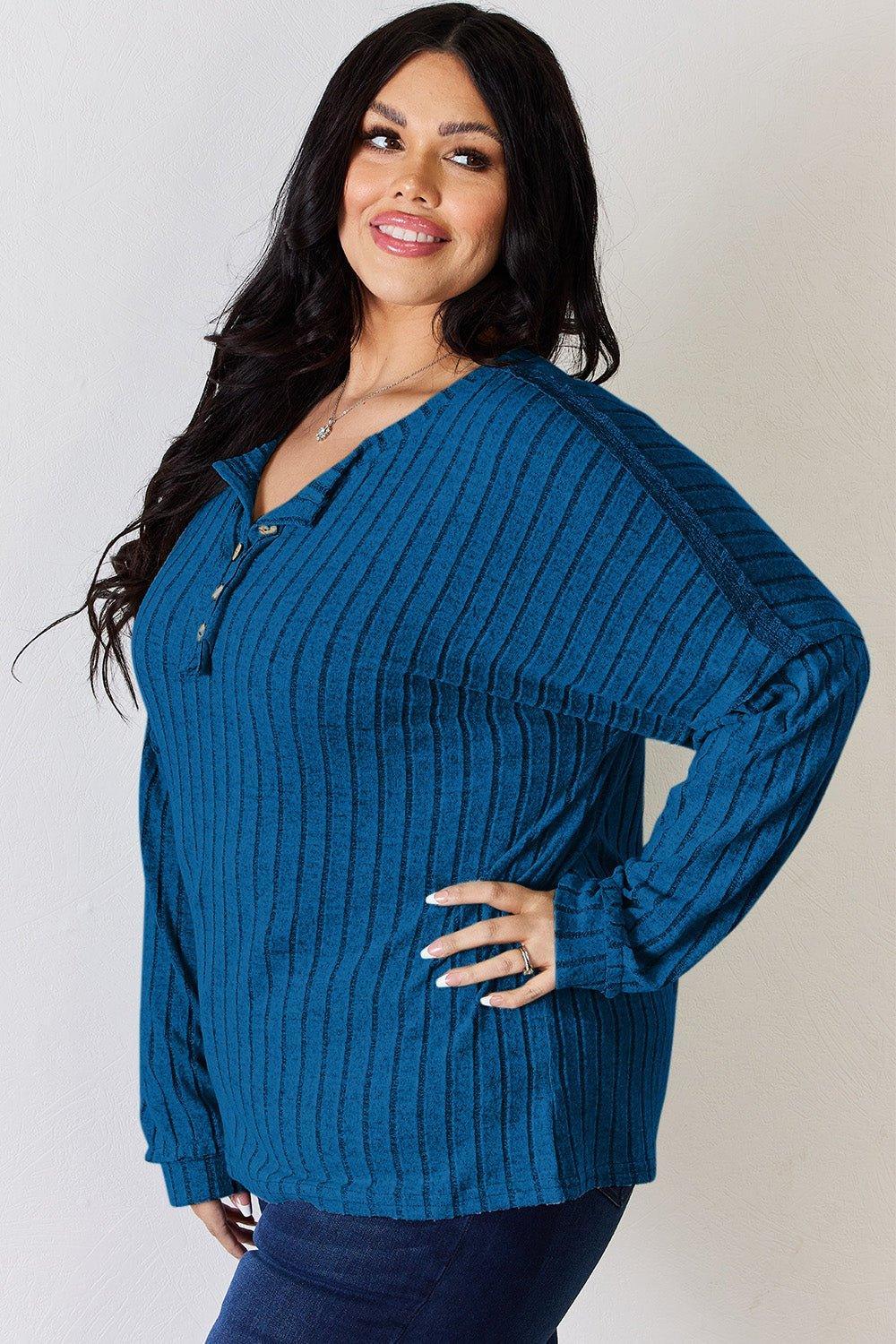 Basic Bae Full Size Ribbed Half Button Long Sleeve T - Shirt - Admiresty