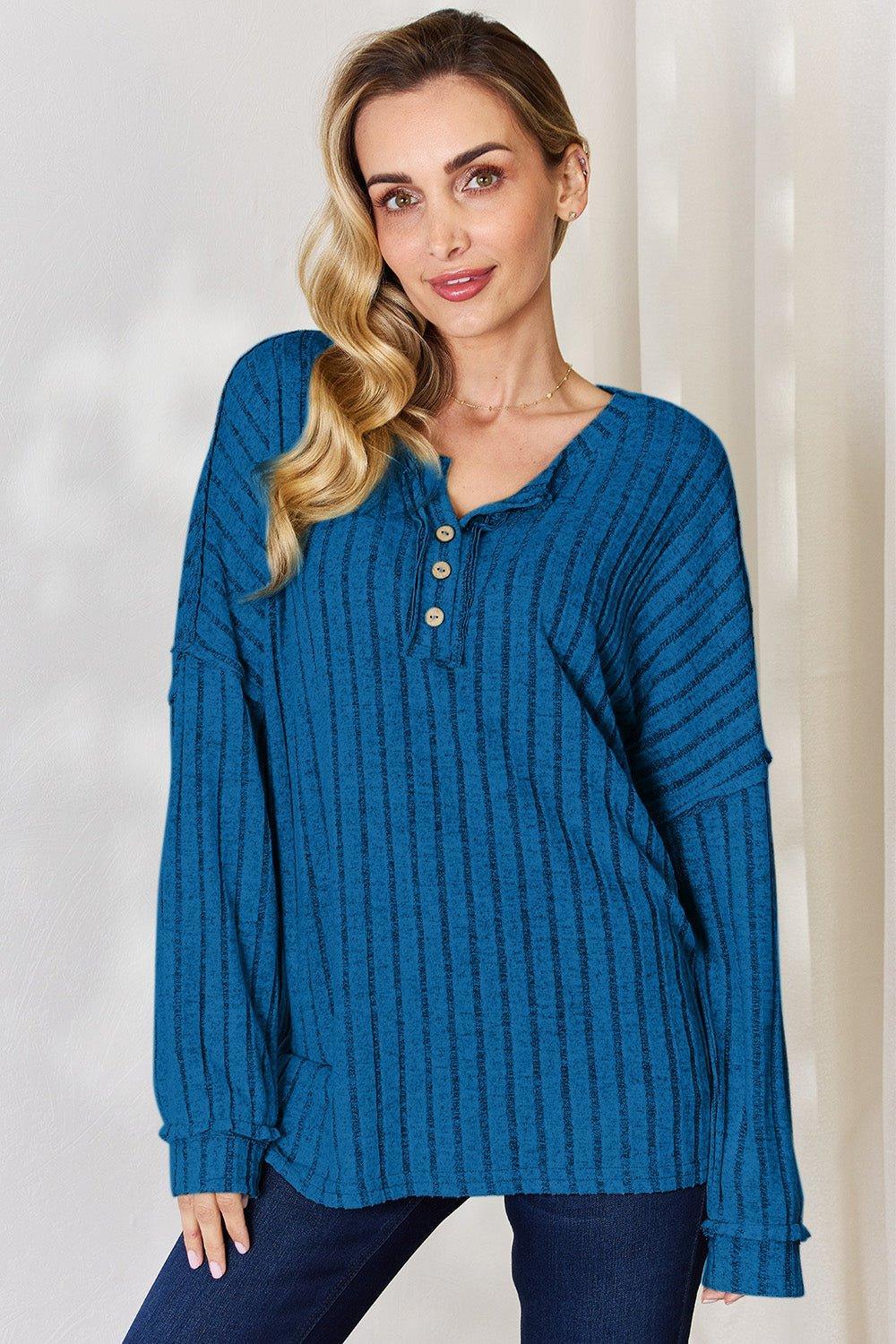 Basic Bae Full Size Ribbed Half Button Long Sleeve T - Shirt - Admiresty