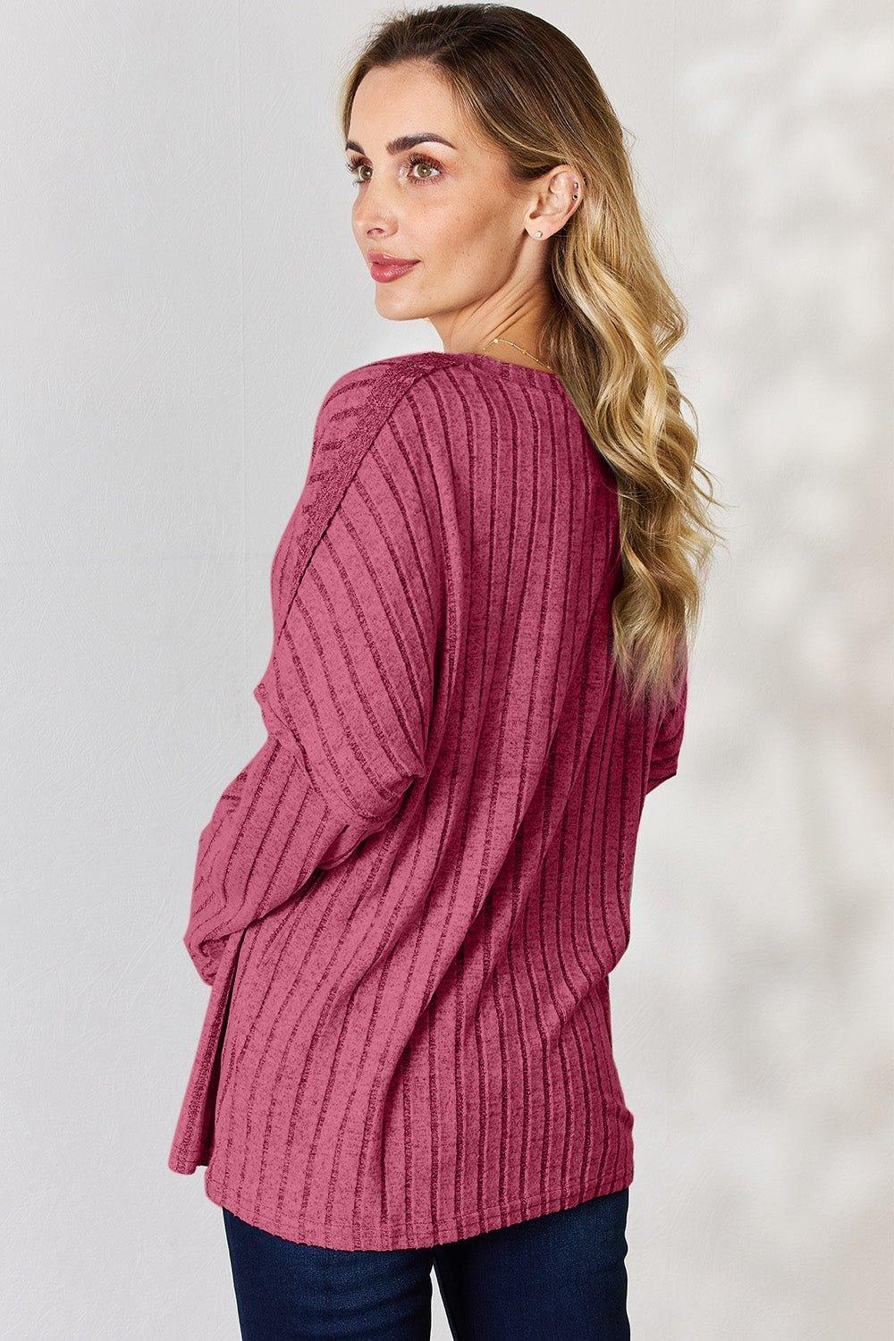 Basic Bae Full Size Ribbed Half Button Long Sleeve T - Shirt - Admiresty
