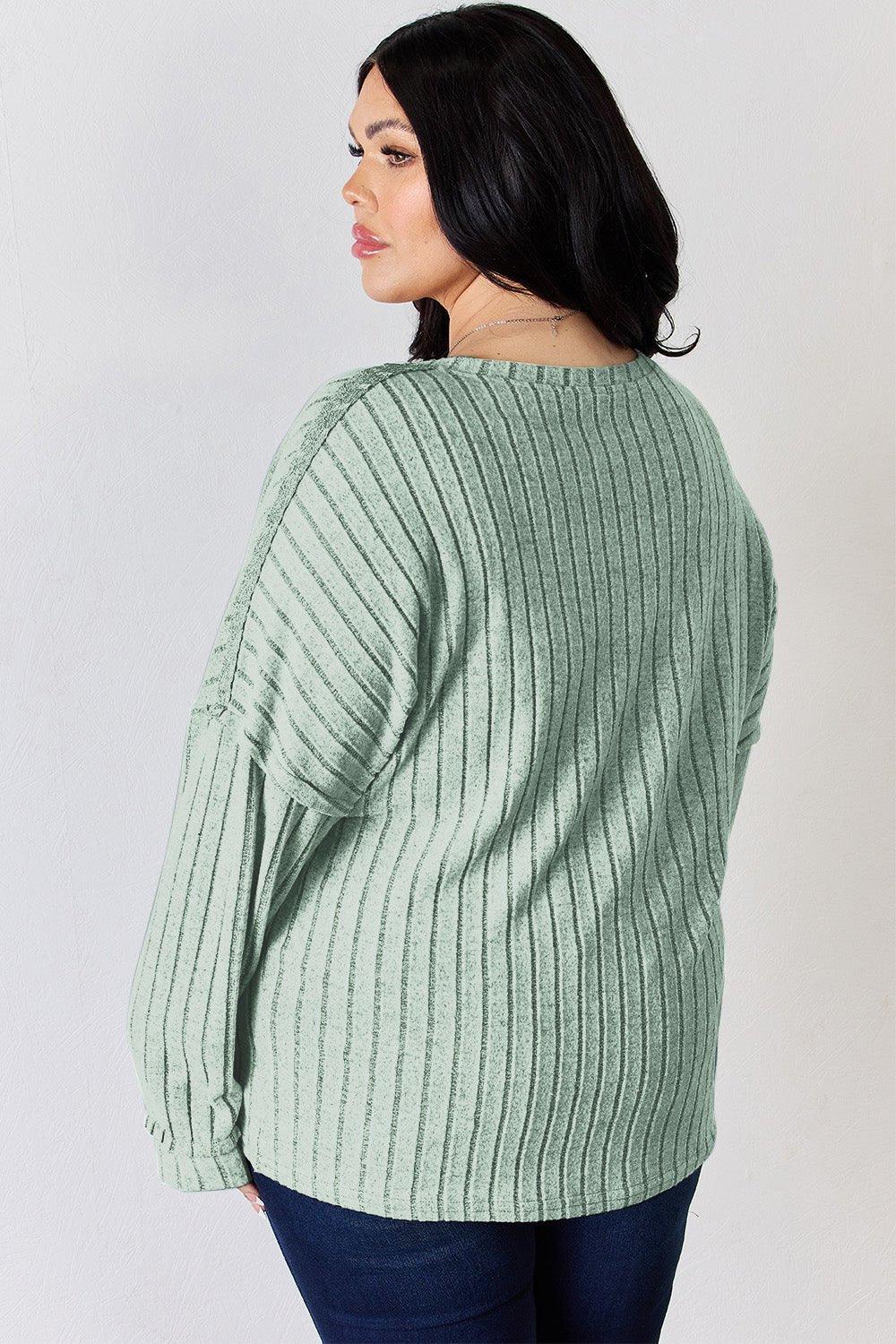 Basic Bae Full Size Ribbed Half Button Long Sleeve T - Shirt - Admiresty