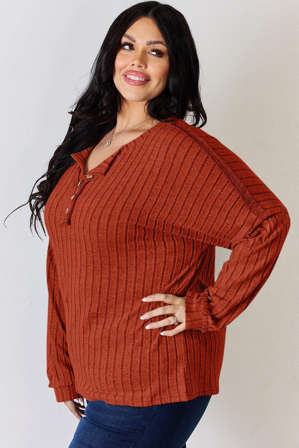 Basic Bae Full Size Ribbed Half Button Long Sleeve T - Shirt - Admiresty