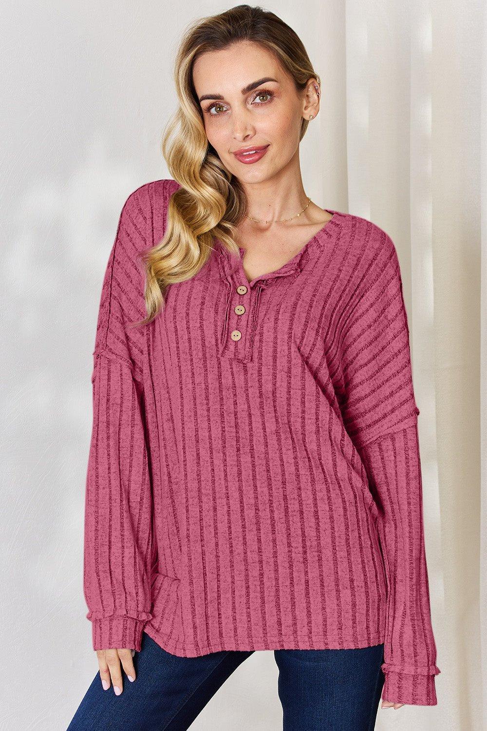 Basic Bae Full Size Ribbed Half Button Long Sleeve T - Shirt - Admiresty