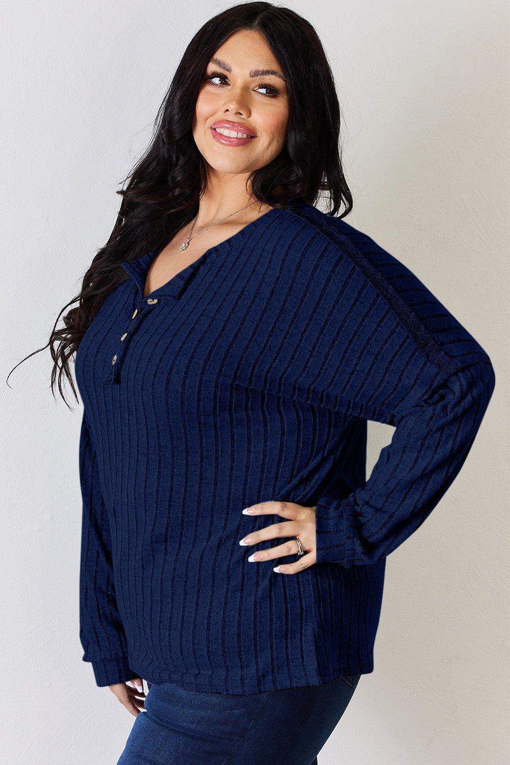 Basic Bae Full Size Ribbed Half Button Long Sleeve T - Shirt - Admiresty