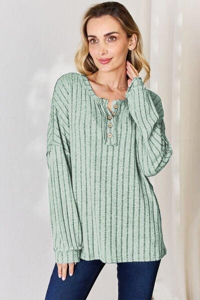 Basic Bae Full Size Ribbed Half Button Long Sleeve T - Shirt - Admiresty