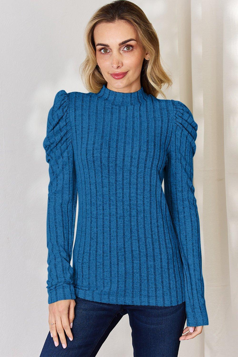 Basic Bae Full Size Ribbed Mock Neck Puff Sleeve T - Shirt - Admiresty