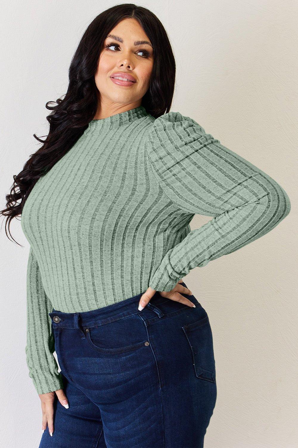 Basic Bae Full Size Ribbed Mock Neck Puff Sleeve T - Shirt - Admiresty