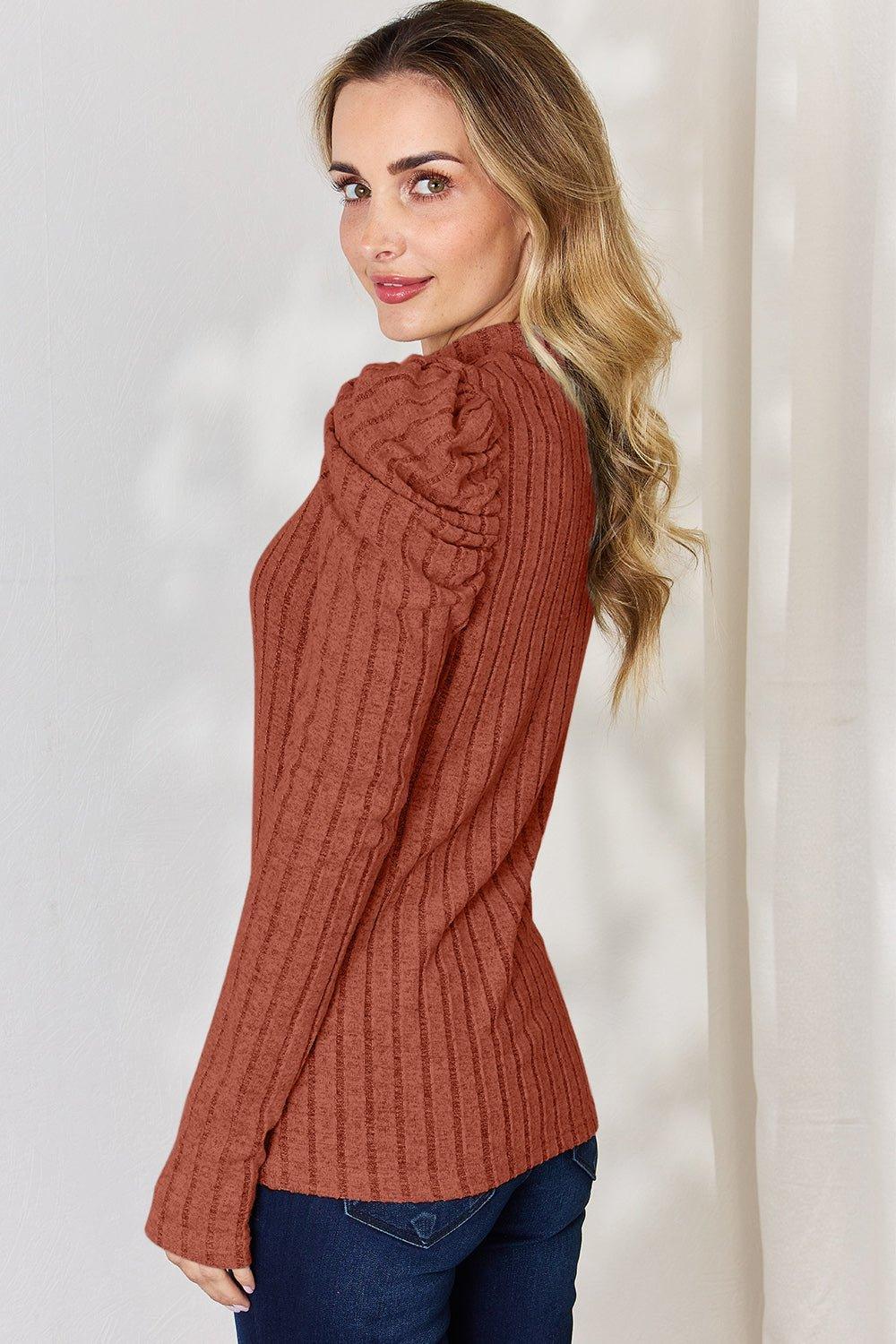 Basic Bae Full Size Ribbed Mock Neck Puff Sleeve T - Shirt - Admiresty