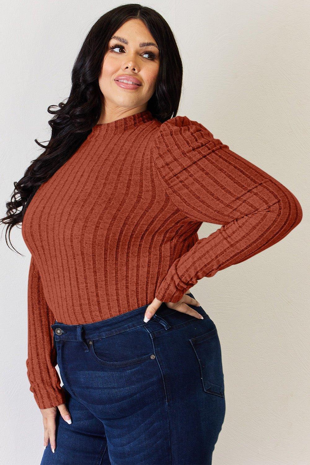 Basic Bae Full Size Ribbed Mock Neck Puff Sleeve T - Shirt - Admiresty